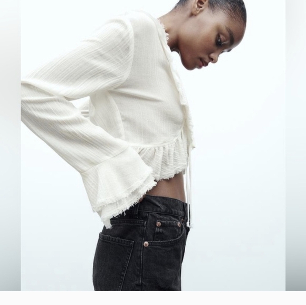 Zara White Ruffle Tie-Front FlounceTop SZ.L NWT - Picture 2 of 9